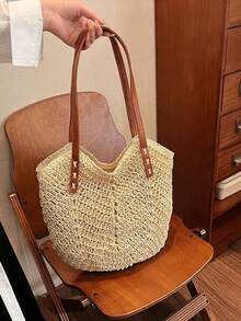 Bohemian Crochet Straw Tote Bag With PU Straps | Large Capacity Beach Shoulder Bag For Summer Vacation - White - View 7