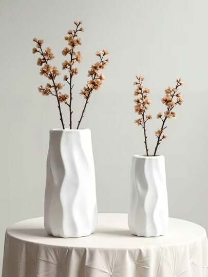 Art Wave Pattern Vase, White Embossed Plastic Vase, Multiple Sizes Lightweight Decorative Vase For Living Room Bedroom Home Decor