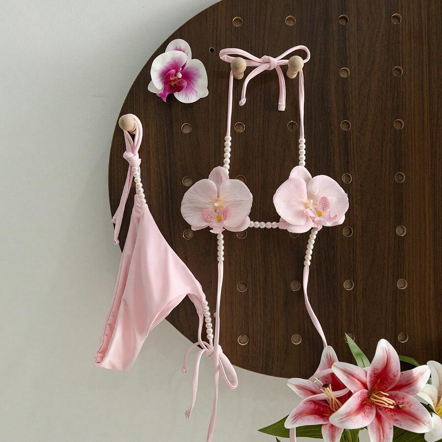 两件套性感比基尼泳衣套装，花卉装饰珍珠点缀细肩带三角泳衣，浪漫度假风，粉色 - 粉色 - 查看 1