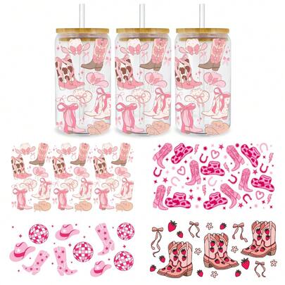 Denim Hat & Boots 16oz Disco Ball Glass Cup/Jar With UV DTF Sleeve Pink Bow Boots UV DTF Cup Sleeve, Fits Glass Cups & Bottles UV DTF Stickers For Laptops, DIY Crafts, Water Bottles, Gifts For Girls & Friends