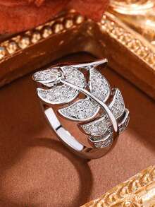 Asymmetrical Feather Wing Cubic Zirconia Ring, Unique Design Jewelry Gift For Women - White - View 5