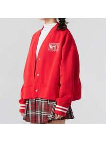 Nike 女士针织开衫，带抓绒内衬，保暖外套，休闲运动外衣 - 紅色 - 查看 5