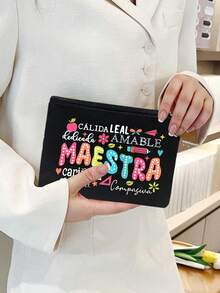 多色 Maestra 字母與鉛筆蘋果圖案化妝包，可愛大容量收納包，日常盥洗化妝包，多功能收納包，輕便旅行托特包，精美禮物，送給朋友的旅行紀念品，必備旅行收納包，適用於工作、學校、旅行、野餐、露營、戶外探險及其他場合，情人節禮物，教師節禮物，返校季節 - 彩色 - 查看 5
