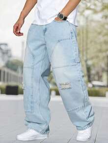 Men's Fashion Distressed Patch Embroidered Wide Leg Jeans - Light Wash - View 3