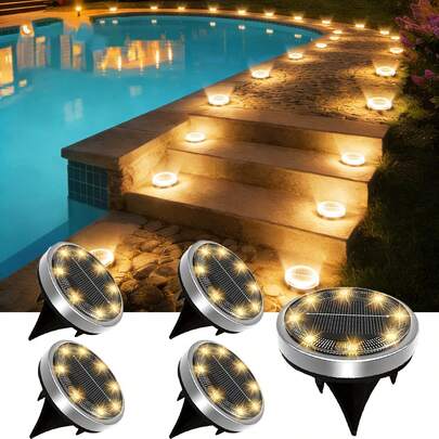 12pcs Outdoor Solar Powered Ground Lights, 8LED Solar Stainless Steel In-Ground Lights, Waterproof Solar Spotlights, Suitable For Garden, Yard, Patio, Deck, Wall, Stairs, Pool, Pathway, Driveway, Landscape Decoration