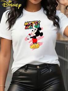 Disney- Graffiti Mickey Print Loose Casual Versatile Round Neck T-Shirt With Cartoon Print, Soft And Stretchy Casual Short Sleeve Top, Fashionable Short Sleeve Round Neck T-Shirt, Women's Wear - trắng - Xem 1