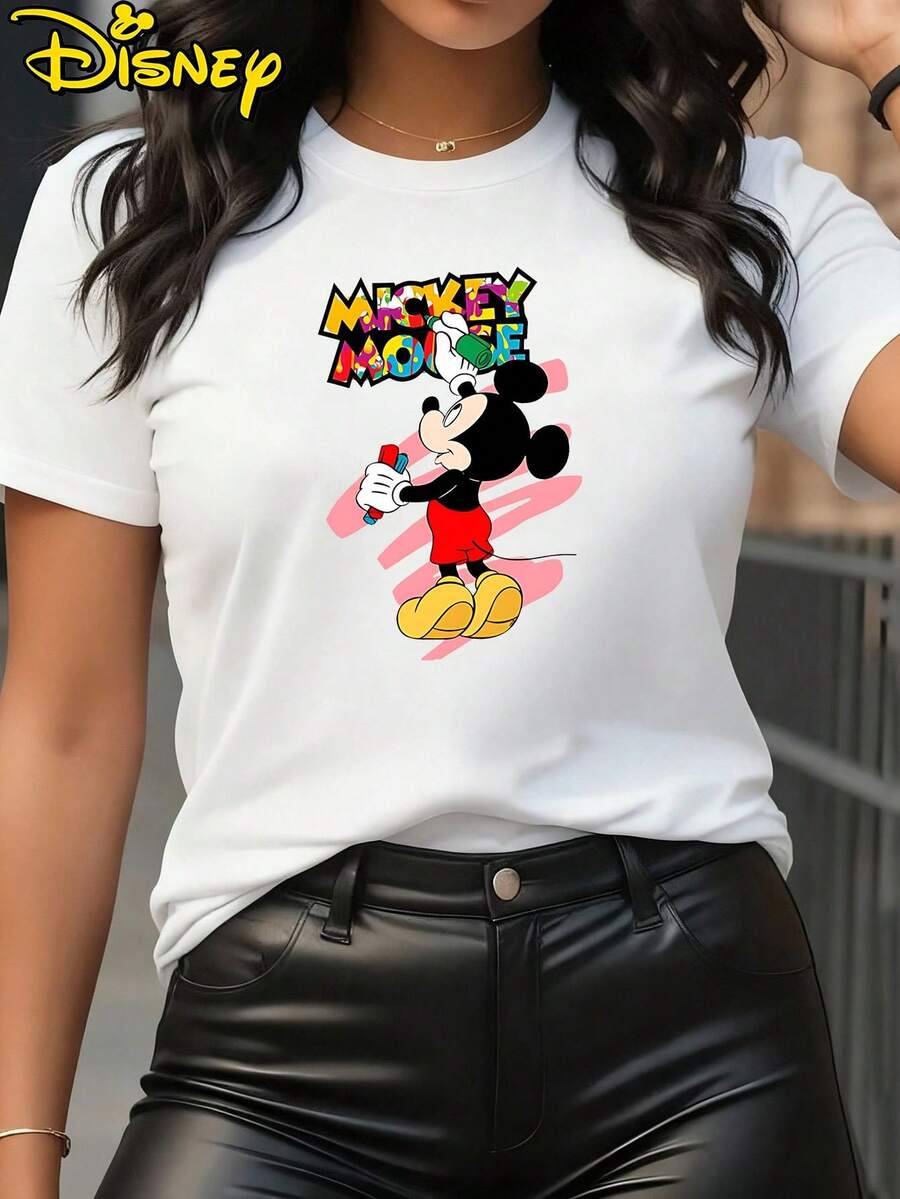 Disney- Graffiti Mickey Print Loose Casual Versatile Round Neck T-Shirt With Cartoon Print, Soft And Stretchy Casual Short Sleeve Top, Fashionable Short Sleeve Round Neck T-Shirt, Women's Wear - trắng - Xem 1