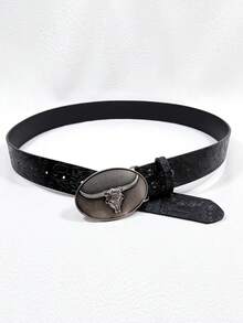 1pc Unisex Retro Bull Head Buckle Belt, Classic Engraved PU Leather Fashion Accessory, Western Style Casual Waist Belt - Multicolor - View 3