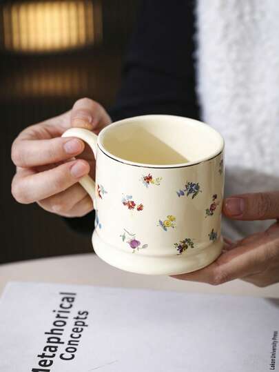 1pc/2pcs French Floral Ceramic Mug, Gold-Rimmed Water Cup, Ditsy Flower Cup, Home Breakfast Milk Oatmeal Cup, Water Tumbler, Office Afternoon Tea Coffee Cup, Latte Art Cup, Juice Beverage Cup, Couple Water Mug, Holiday Gift Cup