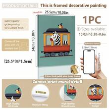 1幅帆布防水儿童房装饰画，带框儿童房海报，野生动物火车主题儿童房墙画，男孩房装饰，包含狮子、大象、长颈鹿和斑马图案，色彩缤纷的游戏室装饰，婴儿房装饰，幼儿园装饰，孕妇房墙画，游戏室海报，卡通装饰 - 彩色 - 查看 27