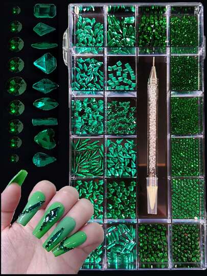  KIRAME Juego de 21 rejillas DIY de arte de uñas con 30 piezas de cada uno de los brillantes cristales de imitación de color verde oscuro de vidrio K9 de fondo plano, con 1 bolígrafo perforador, gemas para manicura, salón de uñas, uñas en casa, suministros para uñas, Navidad, Año Nuevo, San Valentín, regalos festivos, adecuado para manualidades, prendas de vestir, telas, calzado, cristalería, joyería - Decoración brillante de varios tamaños