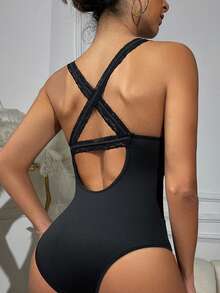 Women's Black Halter Crisscross Lace Tie Mesh Bodysuit - Black - View 7