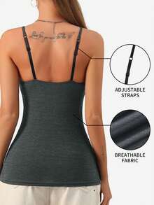 1pc Adjustable Strap Padless Camisole, Casual Layering Sleeveless Top, Backless Design, Deep Grey, Spring/Summer - Dark Grey - View 6