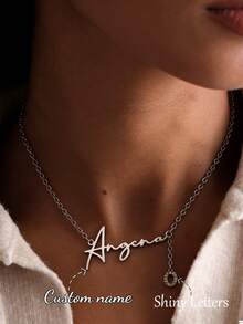 Custom Shiny Frosted Name Necklace Women Personalized Charm Classic Letter Clavicle Necklace Stainless Steel Gold Cursive Name Handmade Pendant Nameplate Jewelry Christmas New Year Gift For Girlfriend Lover - Silver-letter - View 7