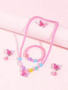 5件套女孩可爱蝴蝶串珠项链、手链、耳环、戒指首饰套装，适合女孩日常佩戴、生日派对礼物 - 均碼 - 查看 2