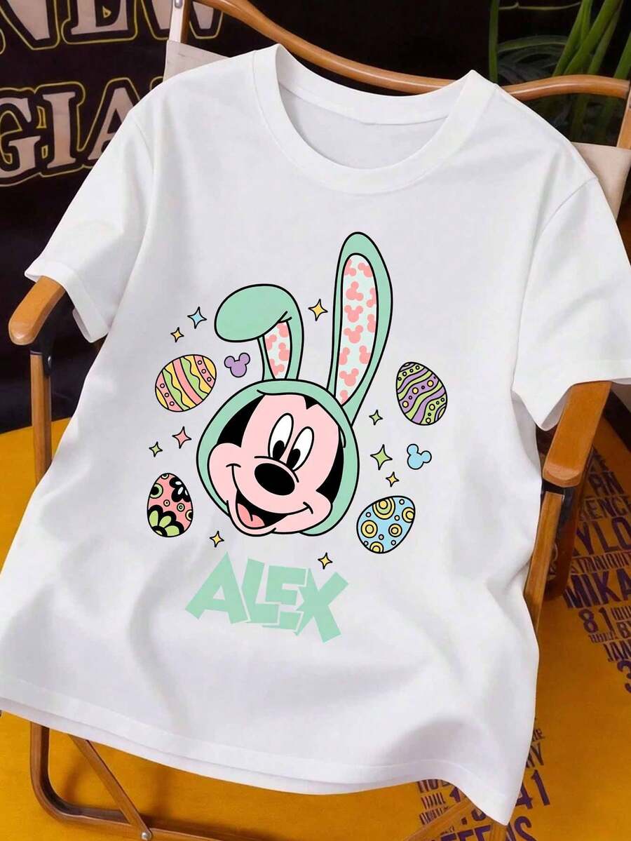 Easter Women's T-Shirt With Mickey Mouse Bunny Ears And Easter Egg Print. Comfortable, Soft, And Breathable. A Disney Lucky And Funny Women's T-Shirt, Suitable For All Seasons, Perfect For Holiday Outings, Outdoor Activities, And Parties. - White - View 1