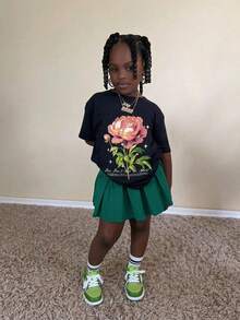 Girl's Cotton Round Neck T-Shirt, Casual And Comfortable Spring And Summer Short Sleeved Printed Top - màu đen - Xem 1