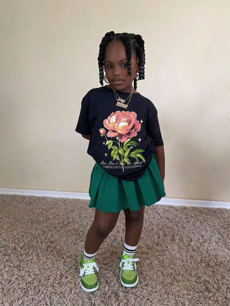 Girl's Cotton Round Neck T-Shirt, Casual And Comfortable Spring And Summer Short Sleeved Printed Top - màu đen - Xem 1