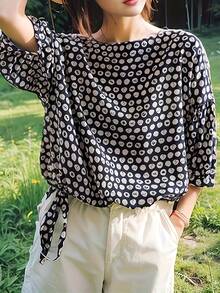 1pc Elegant Short Sleeve All-Over Print Woven Fabric Drawstring Blouse, Suitable For Beach, Vacation, Daily Wear, Spring/Summer - 彩色 - 查看 3