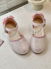 女童闪亮低跟凉鞋，蝴蝶结珍珠踝带闪亮派对鞋 - 粉色 - 查看 2