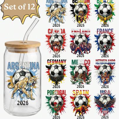12 Pcs USA 2026 Soccer UV DTF Decals (2.75x3.5"), World Tournament Theme Stickers For Glass Cans, Patriotic American Flag Football Transfers For DIY Tumblers