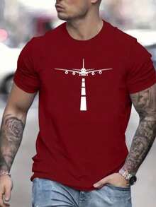 Men's Round Neck T-Shirt With Airport And Airplane Print Casual Short Sleeve Top 100% Cotton New Arrival - 紫紅色 - 查看 3