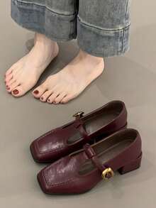 2025 Nouvelles Chaussures Vintage Mary Jane pour Femmes, Chaussures Élégantes de Style Français à Talon Épais et Basse, Automne - Rouge foncé - Voir 2