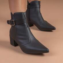 Women's Social Boot Thin Toe Medium Heel Short Medium Buckle Comfortable Fashion Blogger - 黑色 - 查看 1