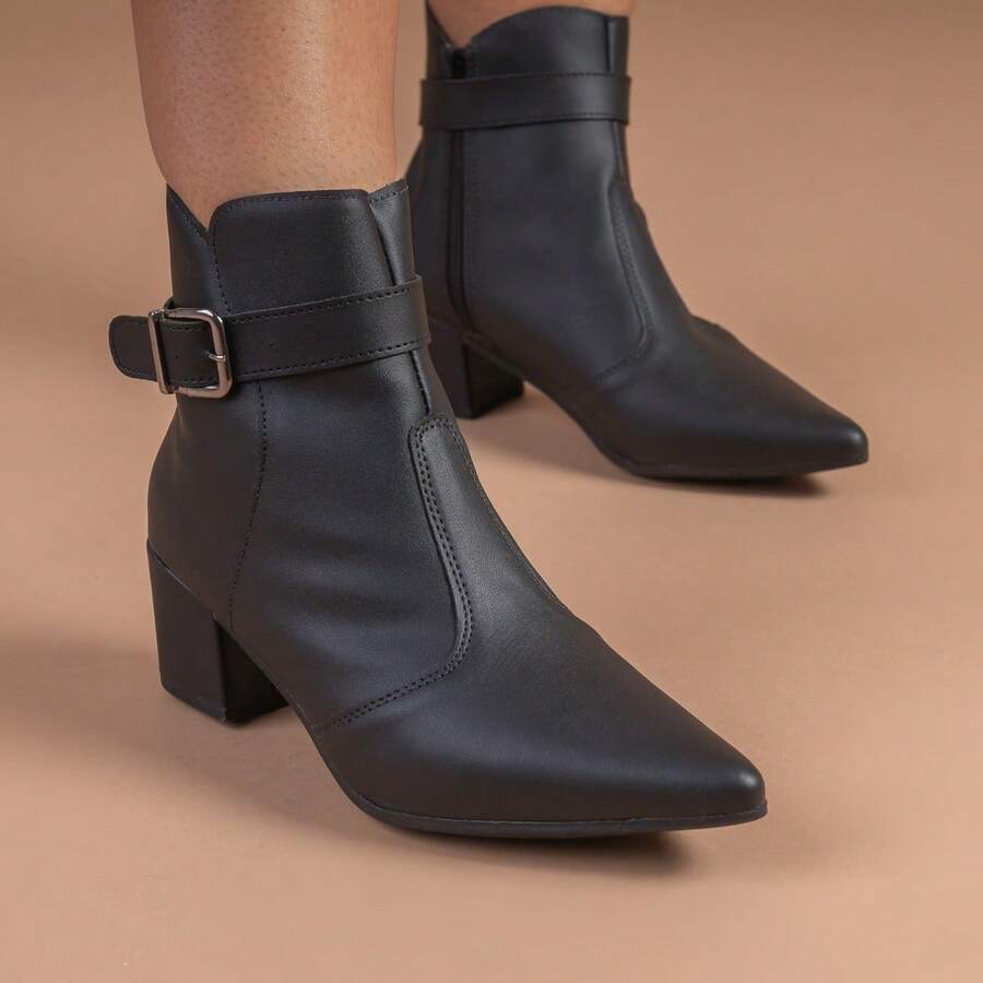 Women's Social Boot Thin Toe Medium Heel Short Medium Buckle Comfortable Fashion Blogger - 黑色 - 查看 1