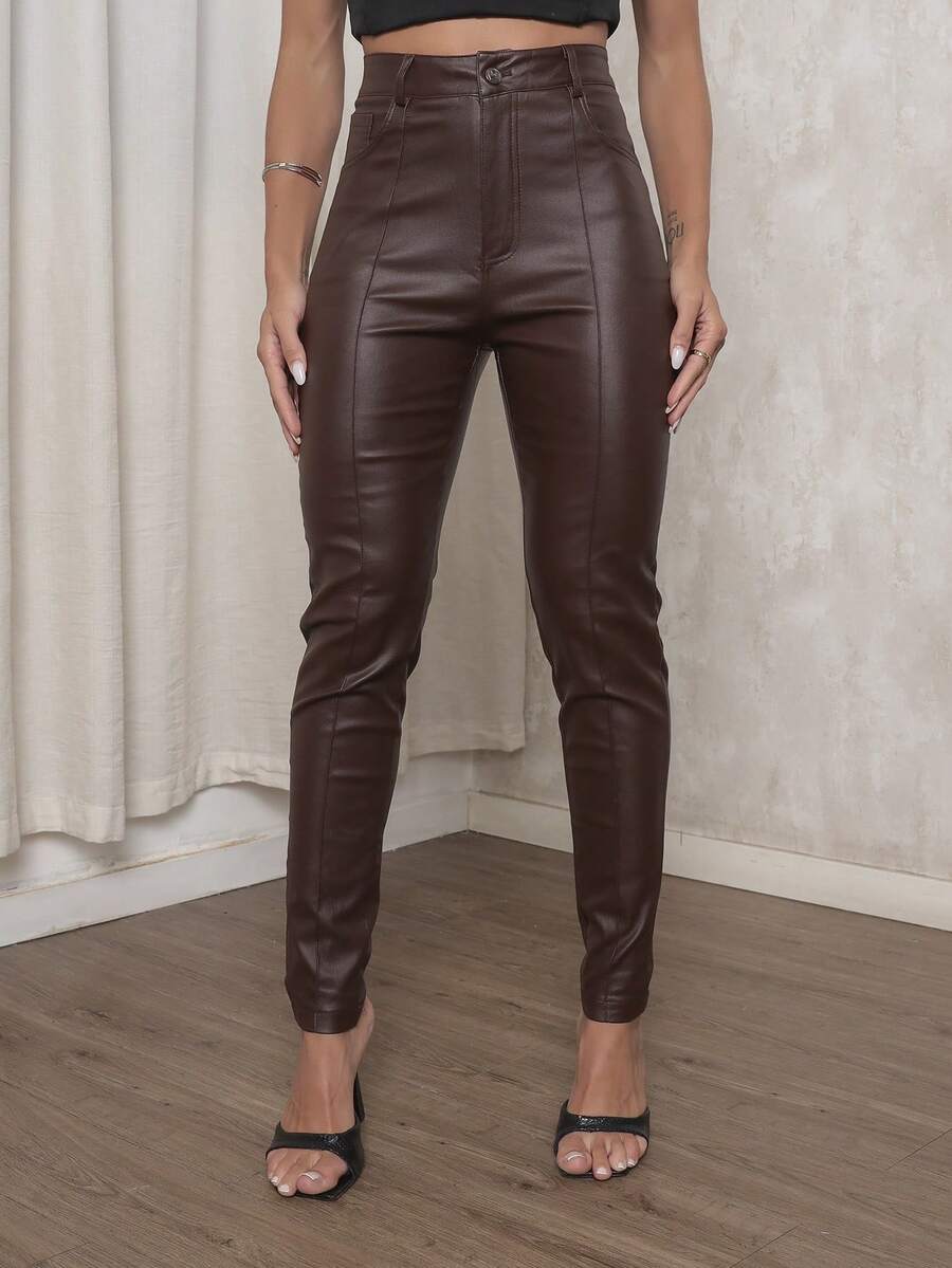 Imported PU Skinny, Flannel-Lined, Resin-Coated Pants With A Stripe. - màu nâu - Xem 1