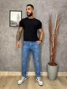 Urban Zone Jeans Men's Slim Fit Dress Pants In Twill Fabric With Elastane - 中等水洗藍 - 查看 2