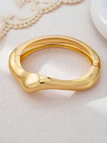3pcs/Set Summer Beach Vacation European And American Style Minimalist Chic Gold-Tone Asymmetrical Wavy Thick Textured Bangle Bracelet Set, Suitable For Women, Made Of Solid Metal And Zinc Alloy - Yellow Gold - View 9