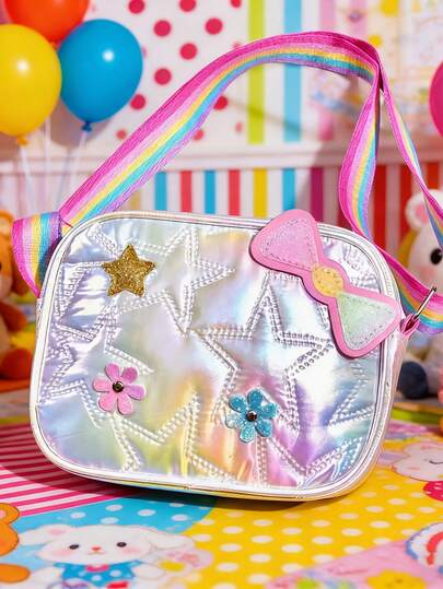1 PC Bow And Star Decorated Backpack, Fun And Children'S Shoulder Bag, Crossbody Bag | Sweet Style, Sequin Embellishment, Pink And Sky Blue.