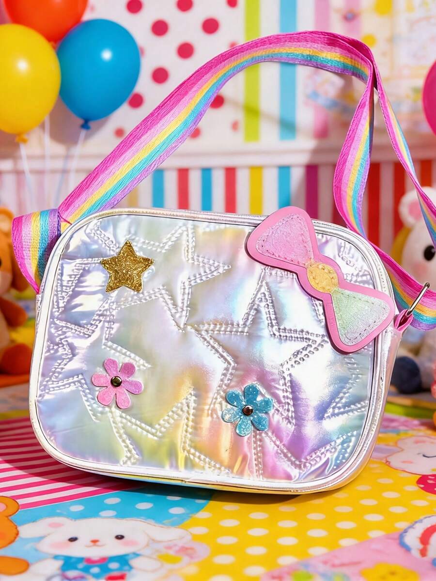 1pc Bow & Star Decorated Backpack, Fun One Shoulder Crossbody Bag, Sweet Style, Sequin Embellished, Pink & Sky Blue - Multicolor - View 1