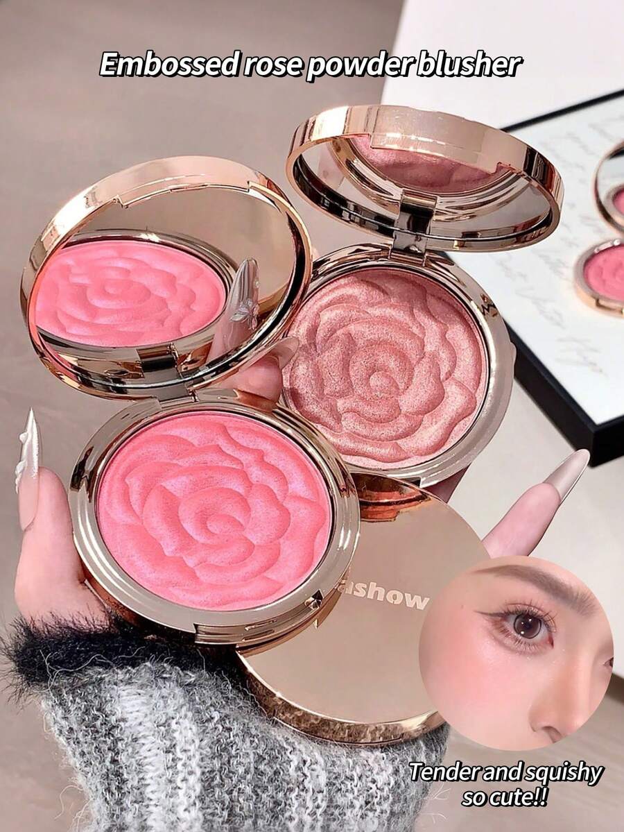 kakashow 1件長效臉部輪廓腮紅粉,細緻閃粉壓花玫瑰設計,自然光澤,適合日常通勤,女性彩妝 - 彩色 - 查看 1