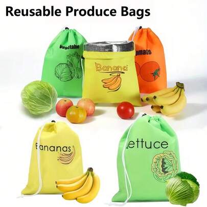 1pc Banana Storage Bag Reusable Vegetable And Fruit Storage Bag Durable And Washable Polyester Produce Pouch With Drawstring Closure Thermal Insulation Aluminum Film Design Outdoor Travel Storage Bags For Salad Greens Banana Tomato Lettuce And Other Fruits And Vegetable, Keep Fruits Fresh Design For Kitchen Office And Bedroom