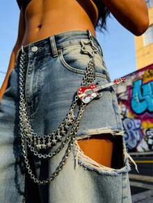 1条三层银色金属裤链，饰有星星图案和电吉他吊坠，朋克摇滚风格，可作钱包链、口袋链、腰带链等，个性配饰，腰链，Y2K街头风，朋克链，摇滚风配饰，多层银链，吉他吊坠，星星装饰链，Y2K街头风，钱包链，三层腰链，嘻哈配饰，前卫珠宝，电吉他吊坠，音乐节穿搭，个性化链条，都市时尚，男女皆宜，生日礼物，母亲节礼物，父亲节礼物 - 彩色 - 查看 1