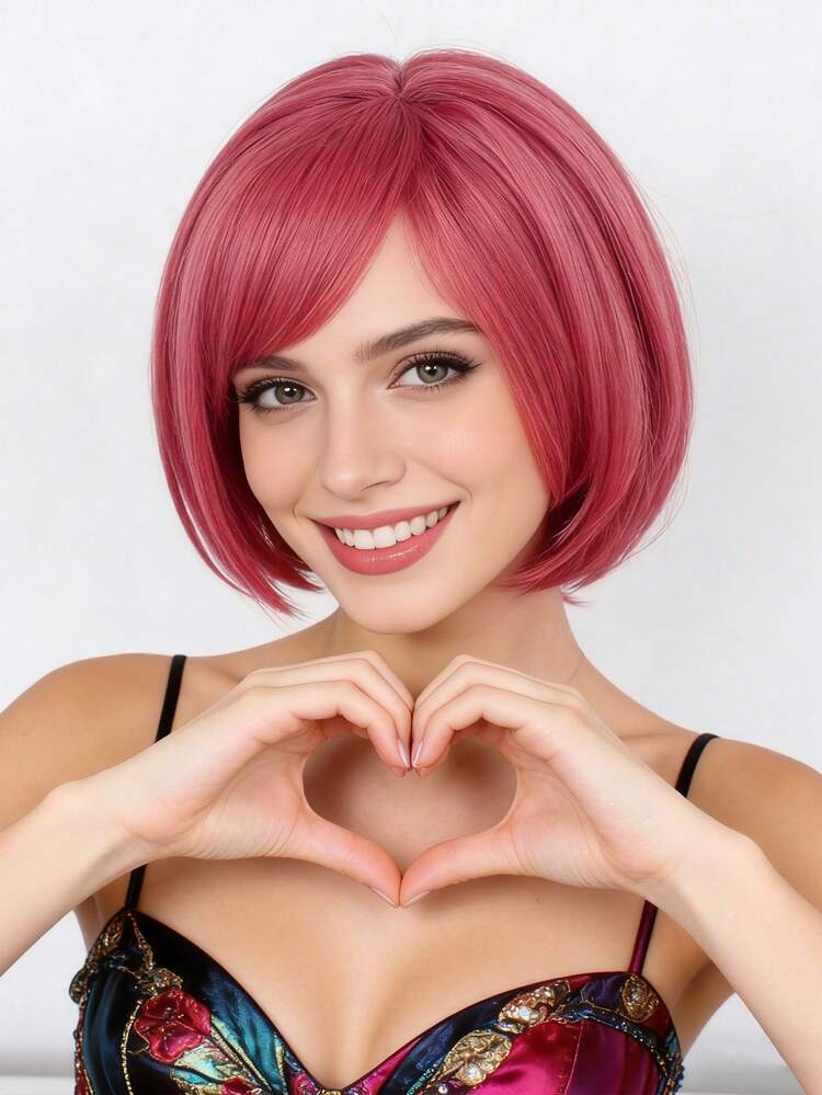 Stylowa krótka, warstwowa, prosta peruka typu bob z grzywką zaczesaną na bok dla kobiet i mężczyzn – naturalna, srebrnoszara, biała, granatowa, dwukolorowa, niebieska (połowa ciemnego granatu i połowa jasnego błękitu nieba), żółta, bordowa, syntetyczna, odporna na ciepło peruka z włosów z grzywką, idealna na imprezę, cosplay anime, kostiumy do gier, kostiumy postaci filmowych, święta, Comic Con, codzienny prezent modowy i urodzinowy - Wielokolorowe - Zobacz 19