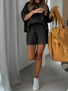 2pcs/Set Summer Casual Solid Color Loose Top And Shorts Black Elegant - Black - View 3