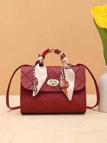 Casual Street Jacquard Plaid Women's Handbag, Scarf Decor Small Square Bag - Burgundy - View 2