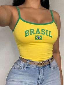 Women's Summer New Sexy Camisole Crop Top, Letter Print Casual Vacation Style Fitted Versatile Yellow Camisole Top, Fashionable Everyday Wear - Yellow - View 1