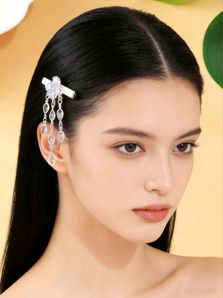 1 pieza Elegante pasador de cabello con forma de lágrima, con colgante de borla con strass, pasador de cabello lateral elegante para mujeres - Plateado - Ver 1