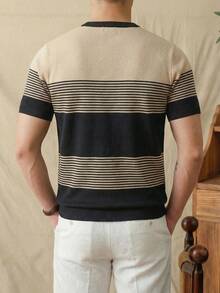 Men's Striped Casual Crew Neck Short Sleeve Knit Top - Black - View 3