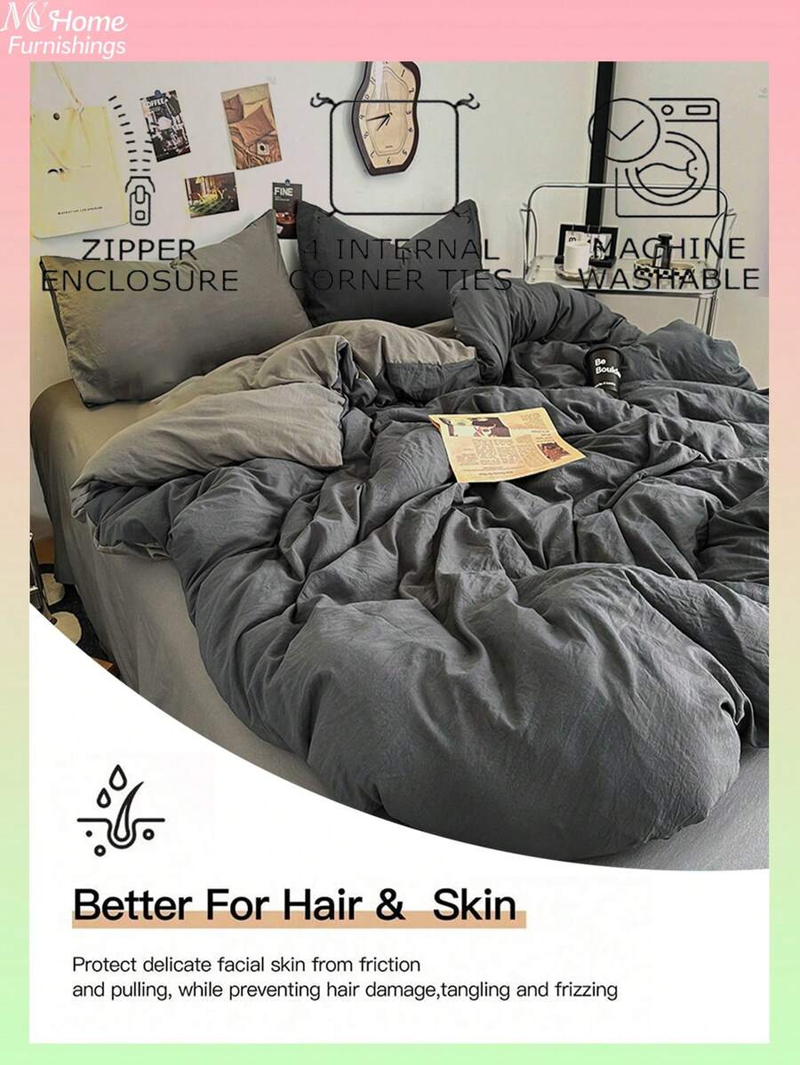 Bộ chăn ga gối 3 món màu xám đậm, gồm 1 vỏ chăn và 2 vỏ gối, chất liệu dệt may mềm mại và thoải mái, thân thiện với da, nhiều màu sắc để lựa chọn, phù hợp cho ký túc xá, trang trí nhà cửa đơn giản và thời trang, bộ chăn ga gối phòng ngủ mềm mại và thoải mái, bộ sản phẩm thời trang, có thể giặt máy, không kèm ruột chăn. - Màu xám đen - Xem 1