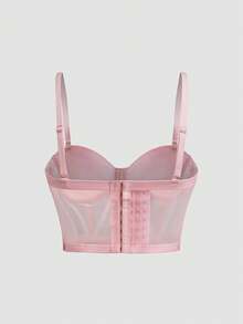 Top corto de canesú con adornos de strass, top ajustado de red transparente que revela el abdomen, ropa de fiesta para mujeres - Rosa - Ver 6