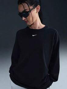 Camiseta Nike holgada de manga larga con estampado de logotipo en color liso para mujer - Negro - Ver 1