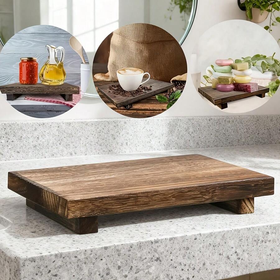 1/2 khay gỗ hình chữ nhật có đế - Vân gỗ tự nhiên, bề mặt được đánh bóng, thích hợp để trang trí và cất giữ trong phòng tắm, bàn trang điểm, đựng nước hoa, xà phòng, trang sức và các vật dụng nhỏ khác. Khay gỗ cao cấp dùng để trang trí và làm phụ kiện phòng tắm. - Màu gỗ C - Xem 1