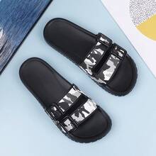 Men's Double Buckle One-Strap Slide Sandals, Flat Non-Slip Bathroom & Casual House Slippers, Summer - Black - View 7