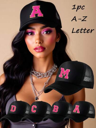 1顶男女通用个性化26字母卡车司机帽，透气网眼棒球帽，户外防晒可调节帽，Y2K风格网眼棒球帽，适合运动、高尔夫、海滩、旅行、户外休闲、日常百搭佩戴
