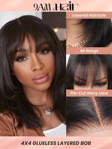 Glueless Layered Straight Wig Bob Wig With Bangs Human Hair 4x4 Pre-Cut Lace Glueless Wigs Silk Bob Wig Wear And Go Breathable Short Bob Wigs 4 #   Chocolate Brown Bob Wig 10-14 Inch - S4 - 查看 13